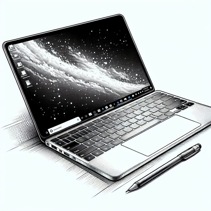 Detailed Laptop Sketch in Black and White Style
