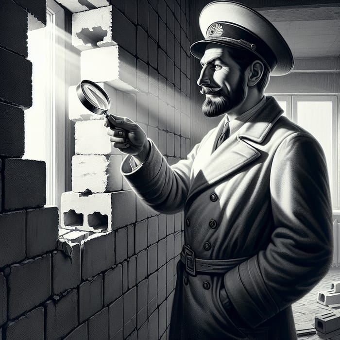 Vintage Russian Sailor Builder Inspecting Wall: Intricate Details and Chiaroscuro Lighting
