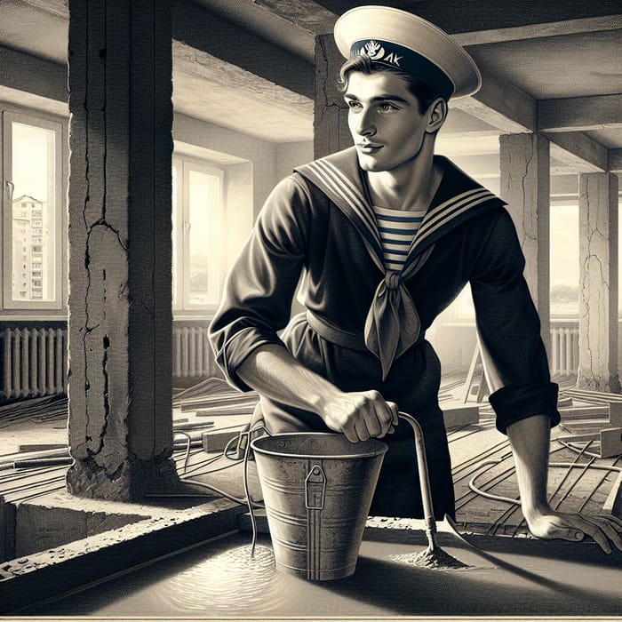 Vintage Russian Sailor Builder Pouring Concrete in Renovated Apartment