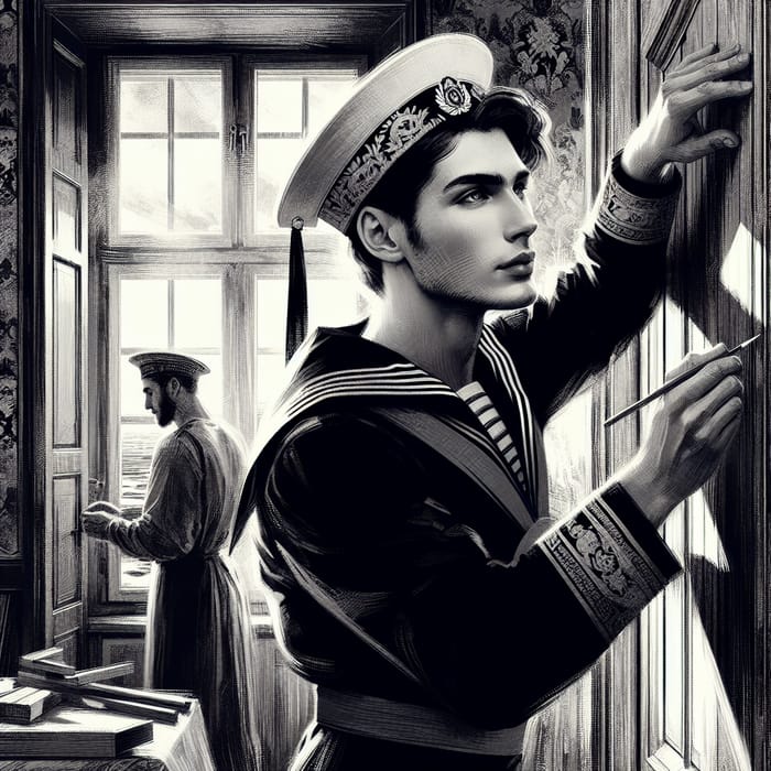 Russian Sailor Installing Door in Vintage Black and White Poster Art