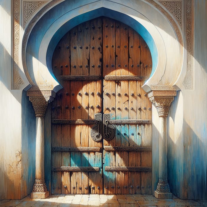 Ancient Wooden Door with Blue and White Arch - Tranquil Scene