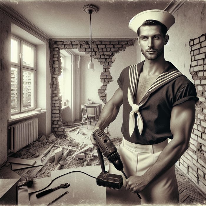 Vintage Sailor Construction Worker in Renovated Apartment with Hammer Drill