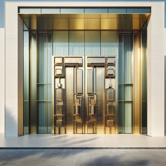 Detailed Frontal View of Massive Two-Story Brass and Smoked Glass Pivot Door in Dubai Villa