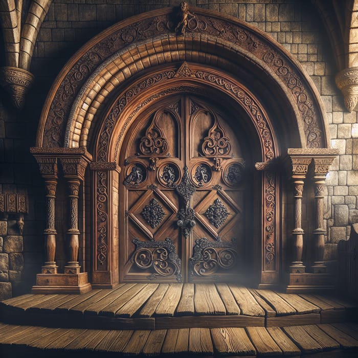 Old Wooden Door with Arch and Castle View