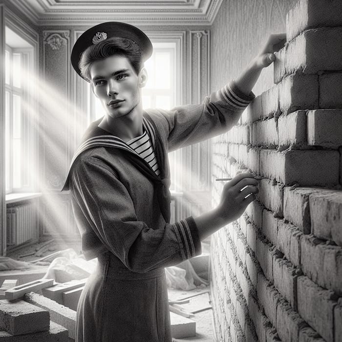 Vintage Black-and-White Poster of Russian Sailor Building Brick Wall