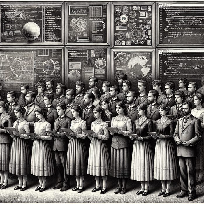 Vintage Engravings of Students with Tablets and Educational Boards