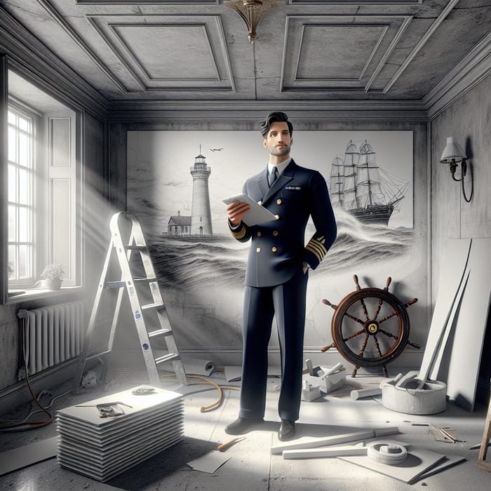Confident Sailor Character with Notebook in Renovated Room
