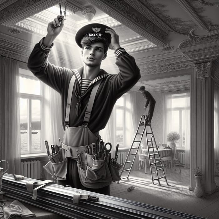 Russian Builder in Vintage Sailor's Uniform Installing KNAUF Metal Frame in Stylish Renovated Room