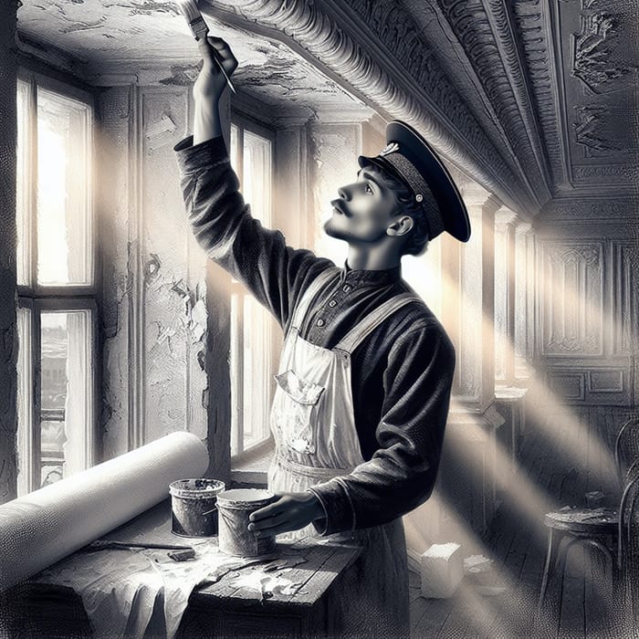Russian Sailor Painting Plaster Cornice in Vintage Style