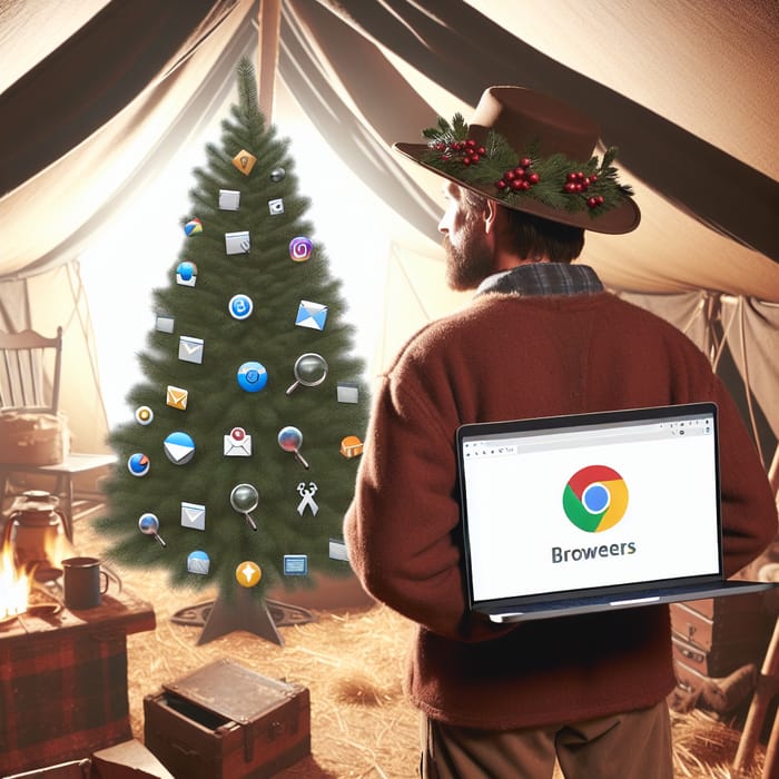 Pioneer Guy with Laptop in Camp, Christmas Tree with Web Icons