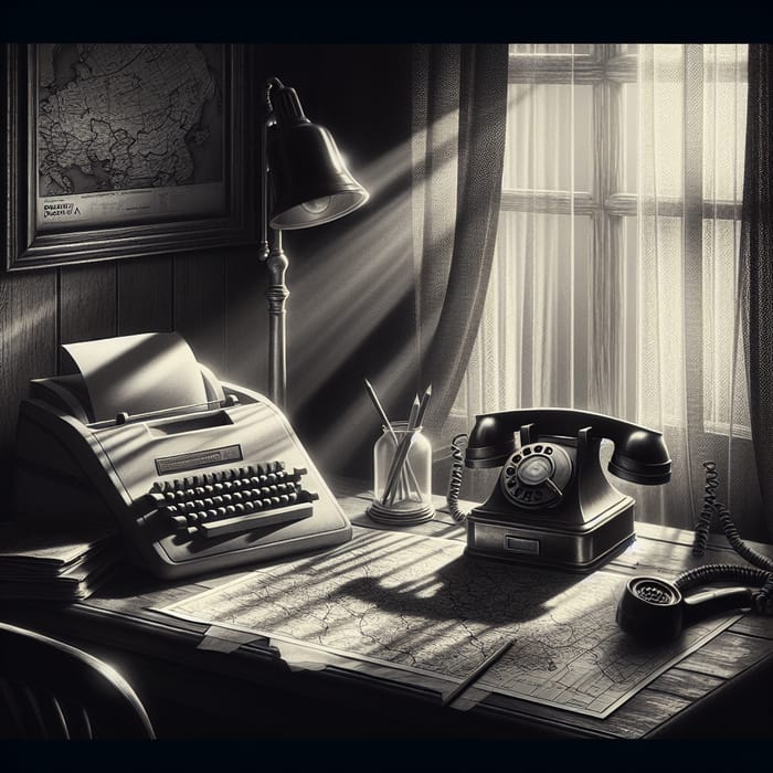 Vintage Black-and-White Poster: Computer, Telephone, Map - Chiaroscuro Style