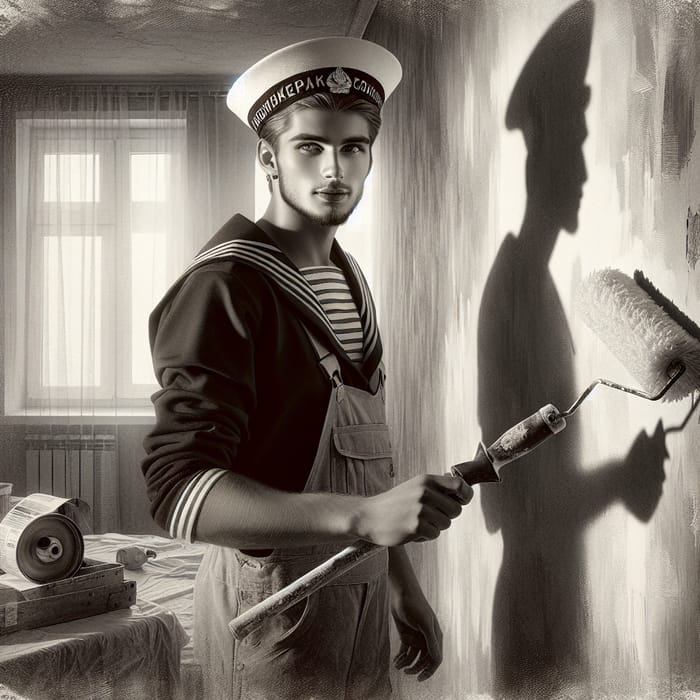 Vintage Russian Sailor Painting Walls in Renovated Apartment