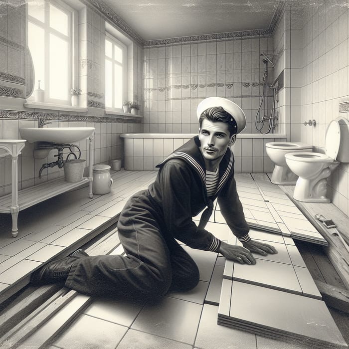 Vintage Sailor Man Renovating with Modern Tiles in Apartment