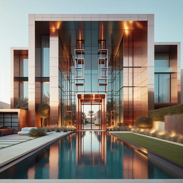 Minimalist Ultra-Modern Villa Facade with Glass & Copper Pivot Door