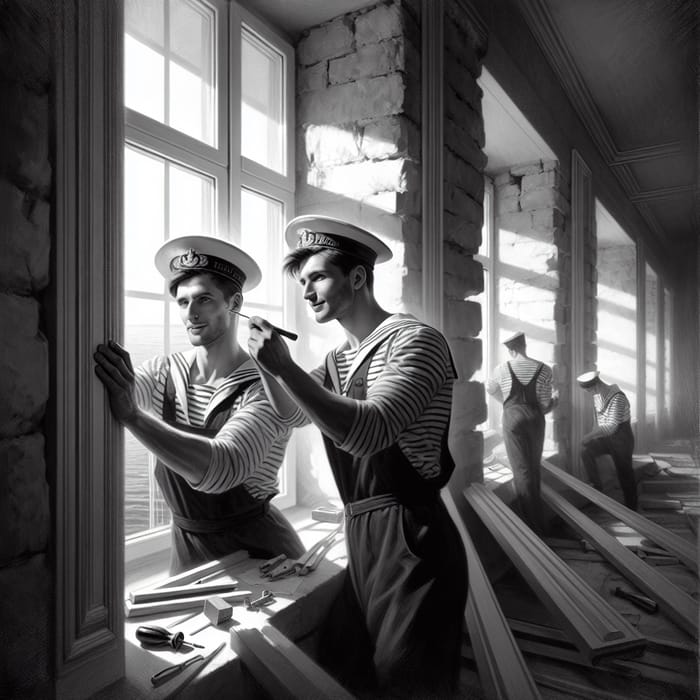 Vintage Russian Sailors Installing Window in Chiaroscuro Lighting