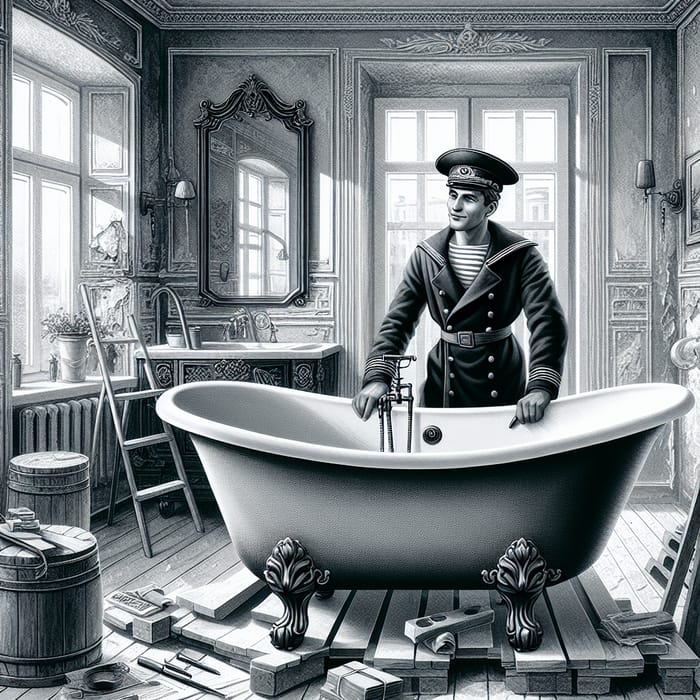 Vintage Russian Sailor Installing Oval Bathtub in Modern Renovated Apartment