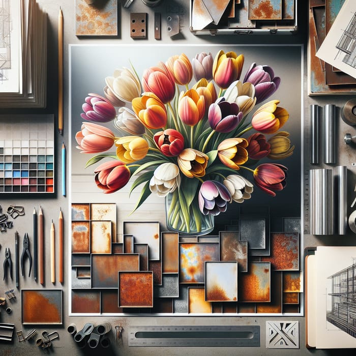 Designer's Workspace: Tulips & Rusty Metal Samples with Creative Contrasts