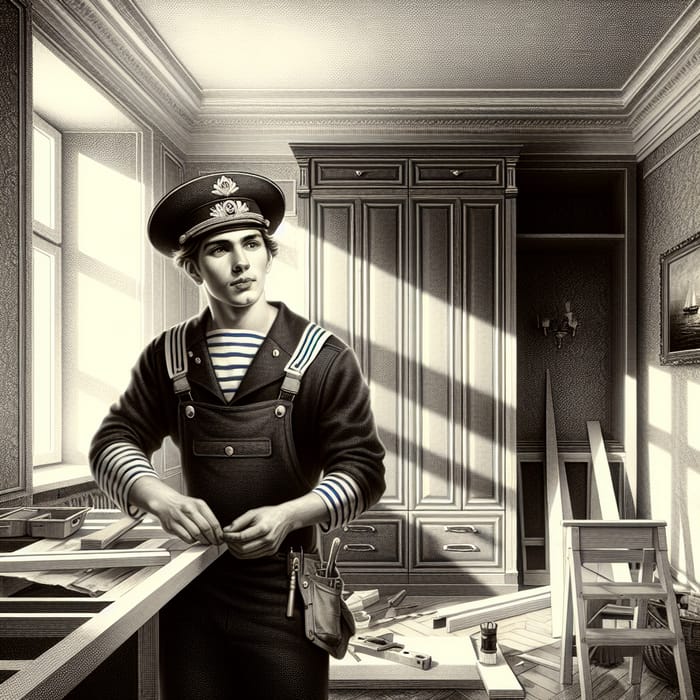 Vintage Russian Sailor Builder Assembling Wardrobe in Modern Renovation