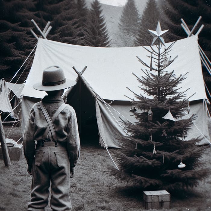 Authentic Pioneer Boy at Camp with Christmas Tree