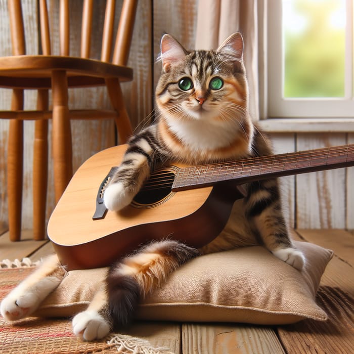 Playful Cat Playing Guitar on Cozy Cushion