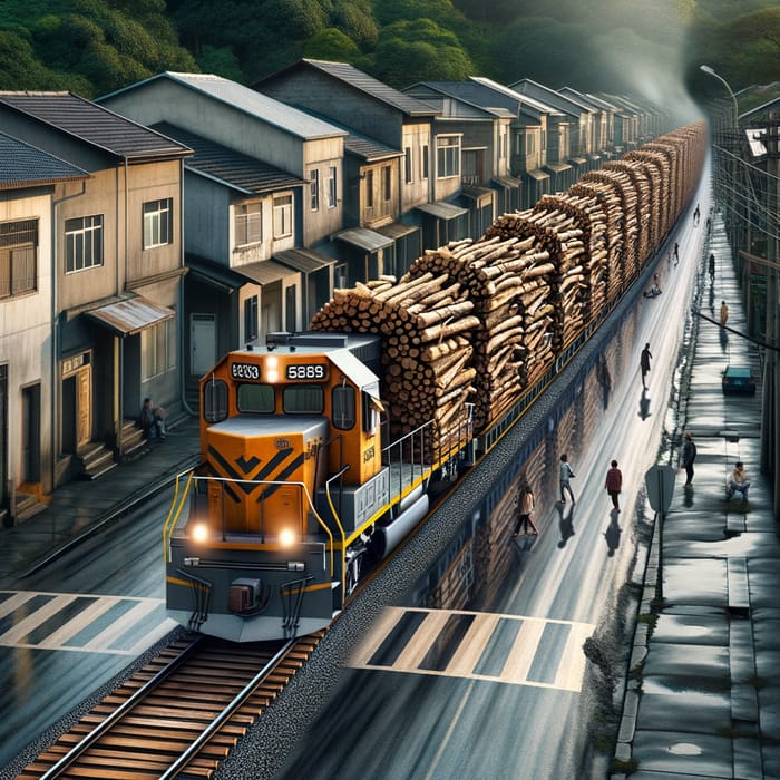 Wood-Laden Train Moving Down City Street