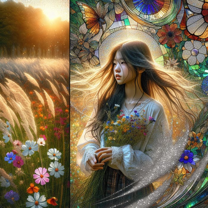 Ethereal Girl in Enchanted Meadow - Vibrant Wildflower Portrait