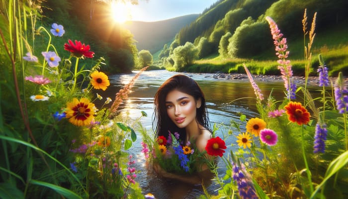 Beautiful 18-Year-Old Woman Coming out of River on Sunny Summer Day