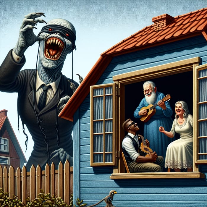 Frankenstein Observing Heartwarming Family Musical Scene | Digital Art