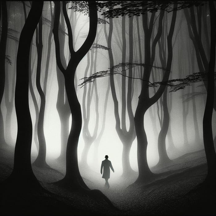 Enigmatic Individual in Mist-Enveloped Forest | Grayscale Noir Photography