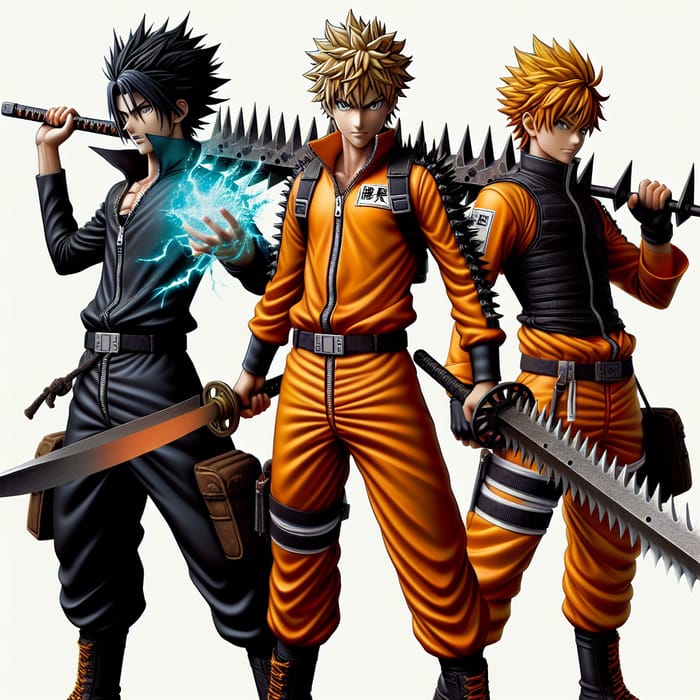 Goku, Naruto, Ichigo: Powerful Anime Trio in Heroic Poses