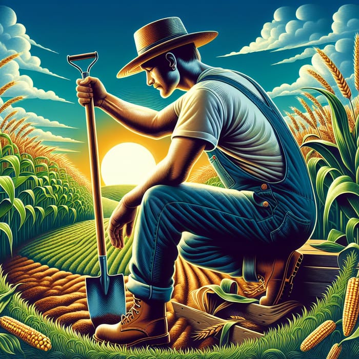 Illustrative Farmer in Green Fields | Farm Life Artwork