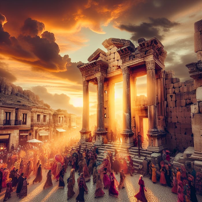 Warm Glow on Ancient Ruins | Vibrant Festival Rituals at [festival name] | Atmospheric [name destination]