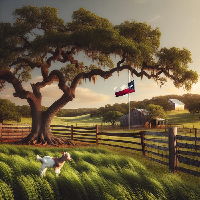 Idyllic Texas Scene: Rolling Hills, Oak Tree, and Grazing Goat