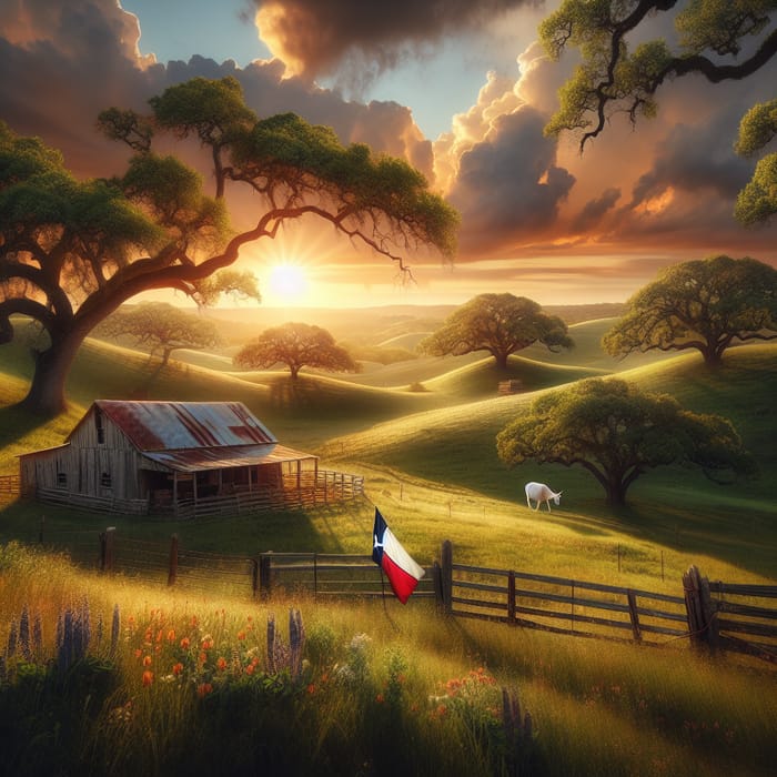 Sunlit Farm Landscape with Oak Trees and Texas Flag | Stunning Views