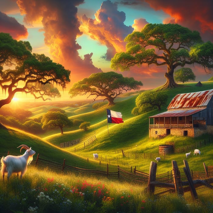 Serene Sunset Farm Scene with Oak Trees and Lone Goat