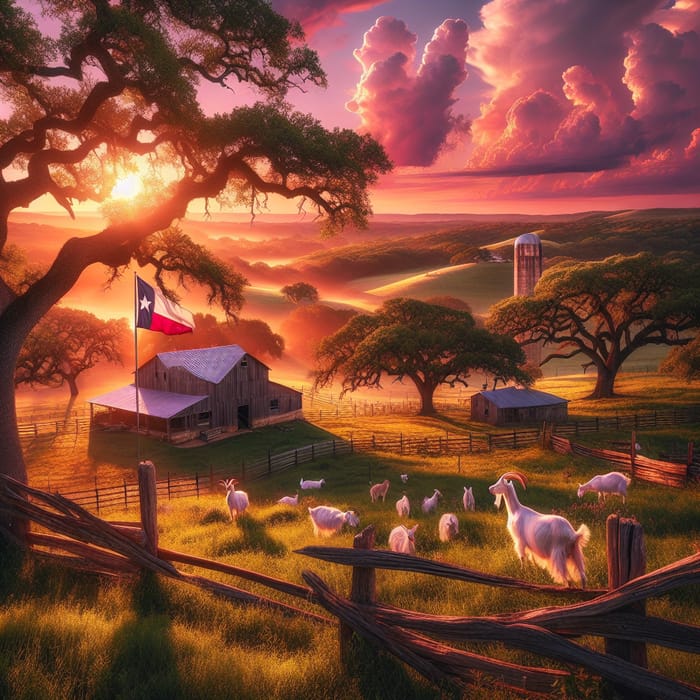 Serene Texas Farm Scene | Sunset, Oak Trees, Goat Grazing