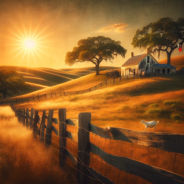 Golden Sun Over Rolling Hills Farm with Texas Flag and Grazing Goat | Countryside View