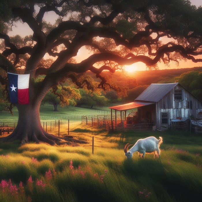 Tranquil Texas Farm Sunset with Lone Goat, Flag, and Wildflowers