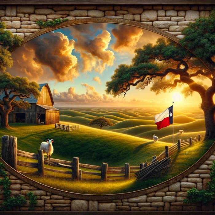 Rustic Farm Landscape with Oak Tree, Texas Flag, and Grazing Goat