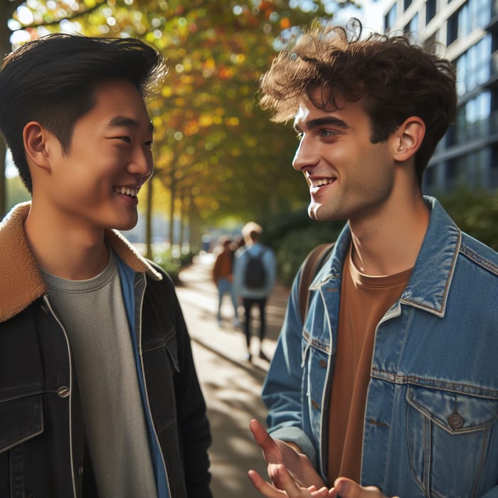 Two Young Men in Urban Park Engaged in Conversation