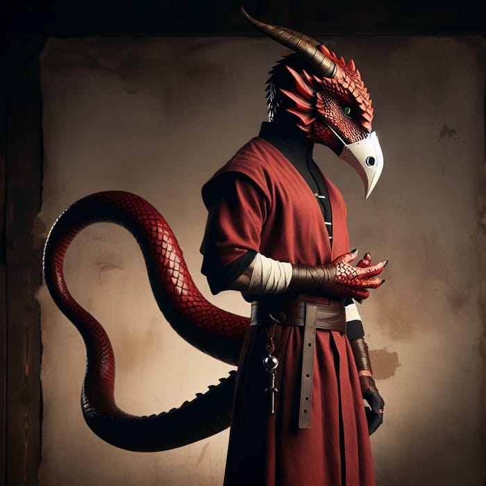Male Dragonborn Monk in Red Scales with Plague Doctor Mask