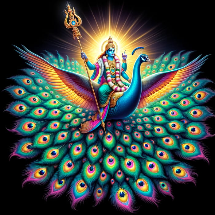 Lord Murugan on Peacock - Divine Figure with Gleaming Vel