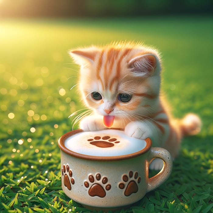 Adorable Cat Sipping Coffee on Grass | Charming Image