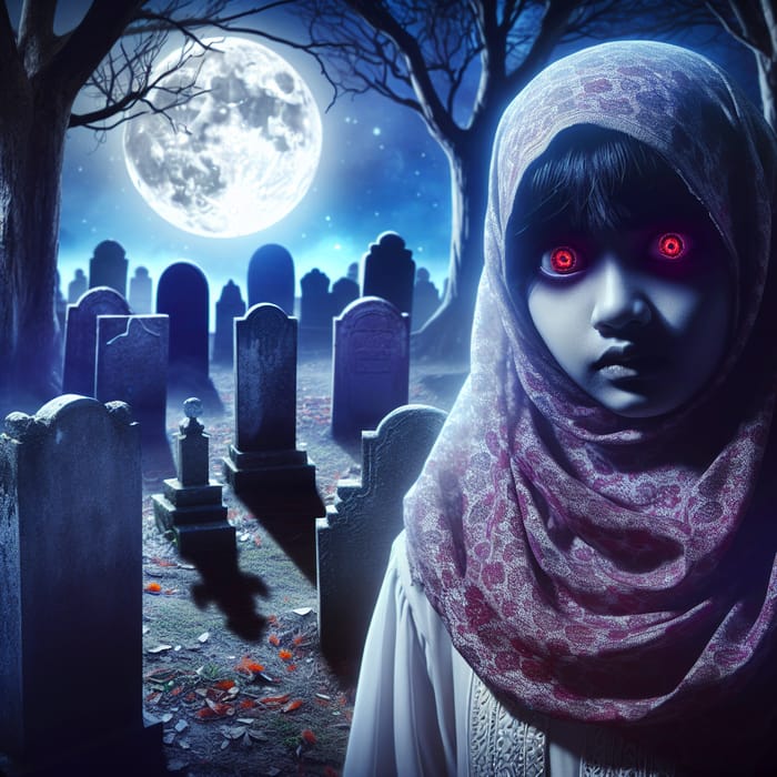Creepy Girl with Red Eyes Roaming Night Cemetery