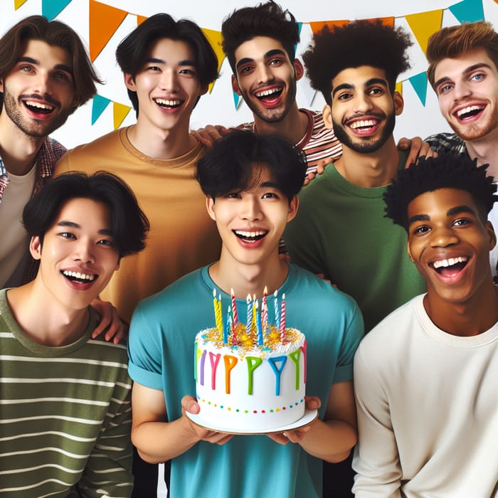 Diverse Group of Eight Men Celebrating with Birthday Cake