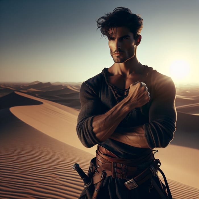 Passionate Warrior at Dawn in Expansive Desert