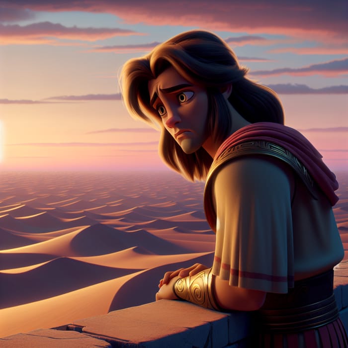 Animated Sorrowful Young Hellenic Warrior at Desert Dawn