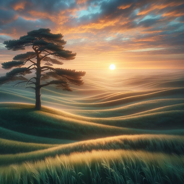Serene Sunrise Landscape: Pine Tree and Green Grass