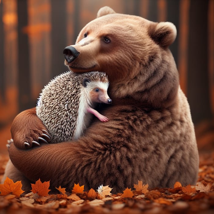 Tender Bear Embracing Cute Hedgehog in Serene Forest Scene