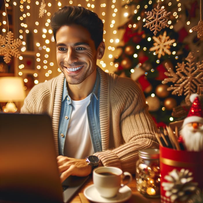 Festive Virtual Consultation with Smiling Individual and Holiday decorations